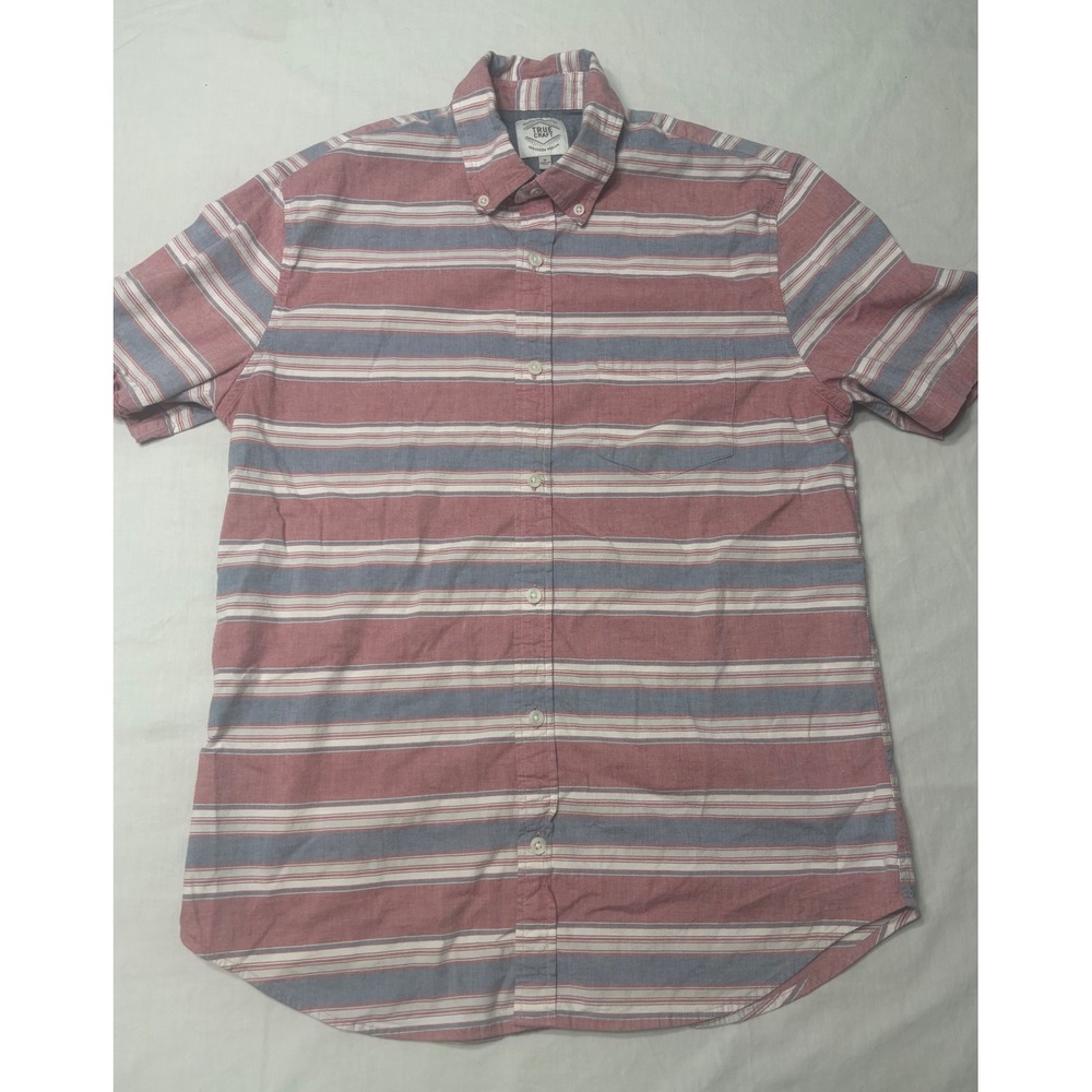 True Craft Mens Short Sleeve Striped Button Down Shirt Red Blue White Medium